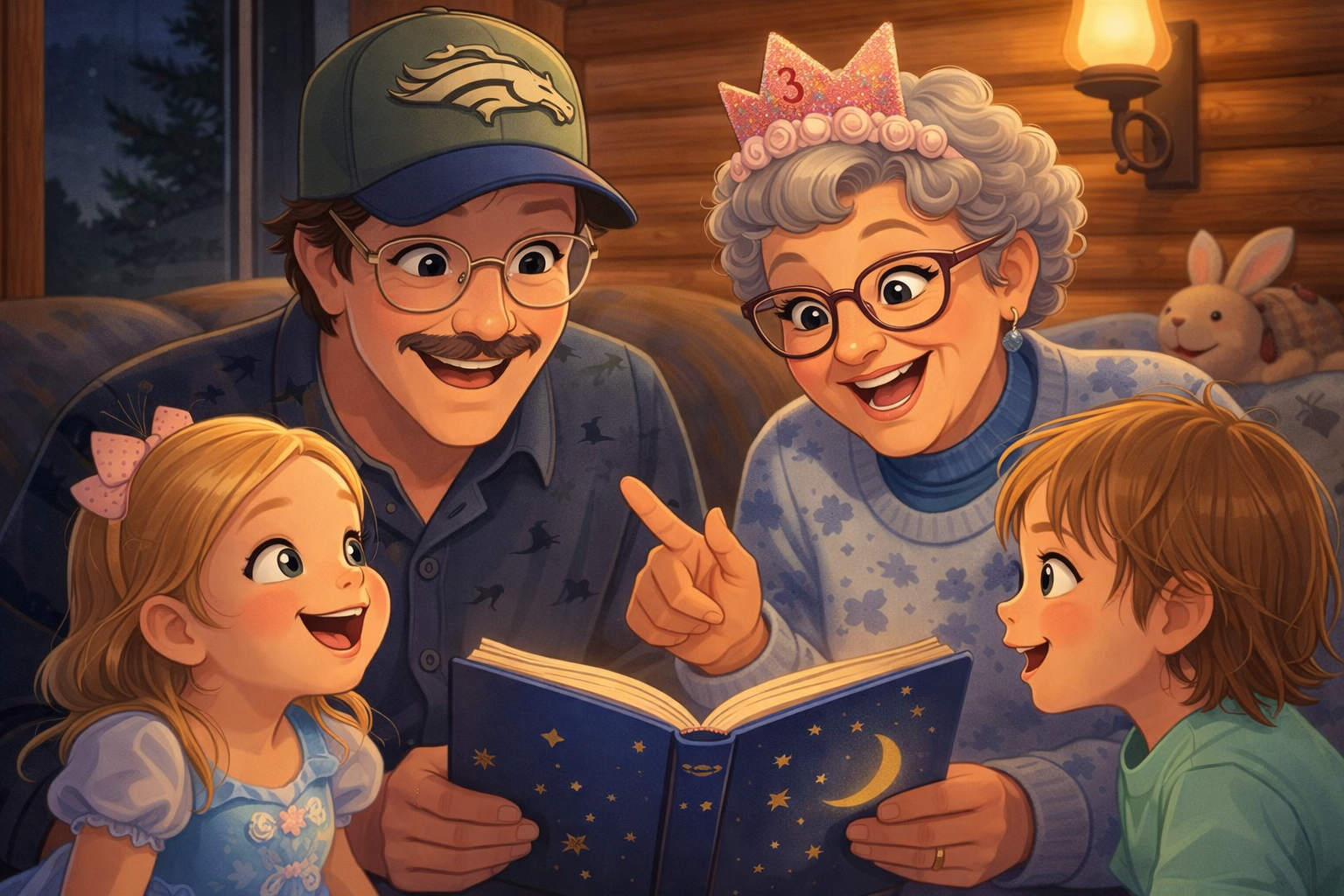 Family gathered around a glowing storybook together