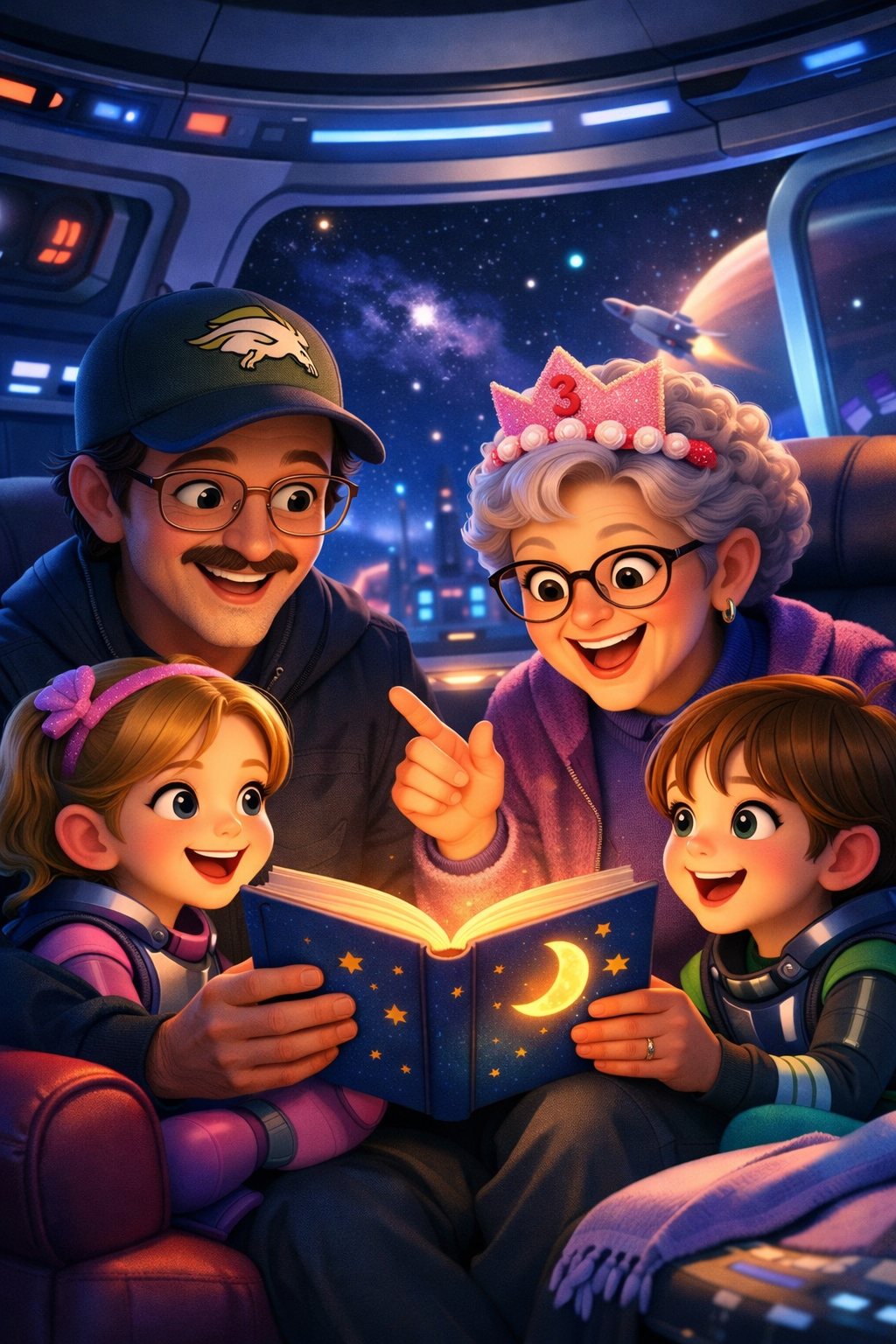 Family on a space adventure in an animated story
